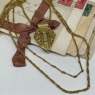 1970’s 3 Strand Gold Chain Necklace with Shield Pendant Bloomers and Frocks